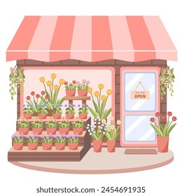 a set of illustrations of a pink flower shop selling lots of beautiful flowers and green plants
