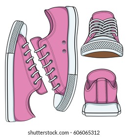 Set of illustrations with pink sneakers. Isolated vector objects on white background.