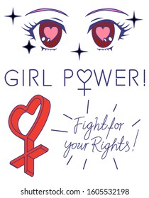 Set of illustrations for pins, patches, stickers. Motivational feminist phrases: "Fight for your rights", "Girl power".