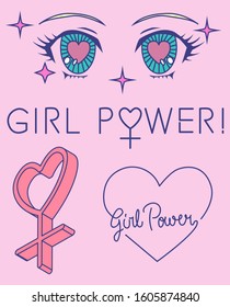 Set of illustrations for pins, patches, stickers. Feminist symbols and motivational slogans.