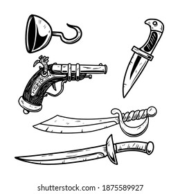Conjunto de ilustraciones de armas antiguas piratas. Elemento de diseño para logotipo, etiqueta, signo, afiche, cartel. Ilustración del vector