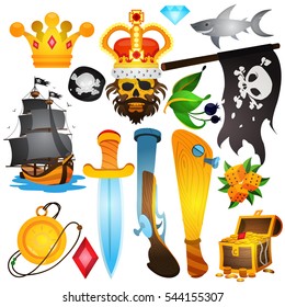 Set illustrations with pirate attributes. Various items Medieval Pirates. Drawing on themes Ganster to design T-shirts, playing cards, theme parties.