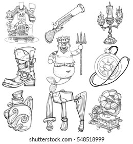 Set illustrations with pirate attributes. Various items Medieval Pirates. Cartoon drawing for gaming mobile applications. Illustration for coloring.