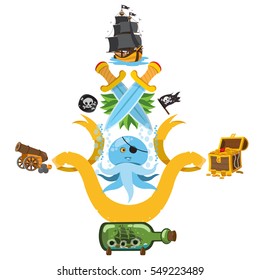 Set illustrations with pirate attributes. Various items Medieval Pirates. Cartoon drawing for gaming mobile applications.