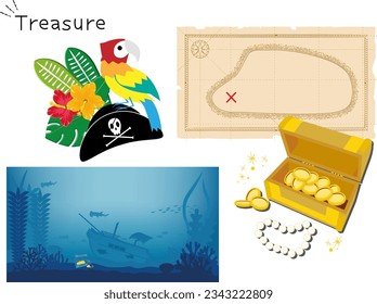 Set of illustrations of pirate treasure hunt and deep sea shipwreck.
