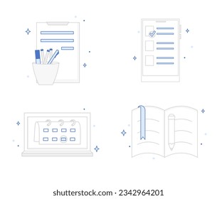 set of illustrations for planning events, notes, planning in calendar, notepad or phone, minimalism illustrations    