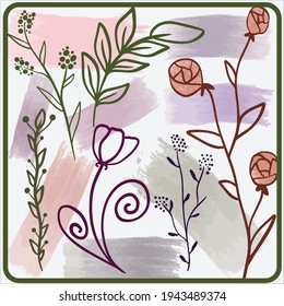 Set of illustrations with plants. Flower. Branches. Green plants. Botany. Paint strokes. Bright colors. Plants. Minimalism. Lines.