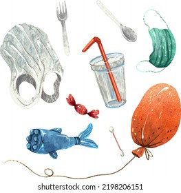 a set of illustrations of plastic objects floating in the ocean, a bag, a ball, a plastic cup, an ear stick, a spoon, a fork, a plastic bottle, a covid mask, pollution, environmental protection