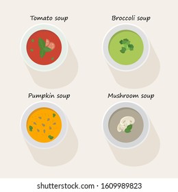 Set of illustrations of plates with mashed soups. Tomato soup, mashed potatoes and broccoli soup, pumpkin and mushroom mashed soup.