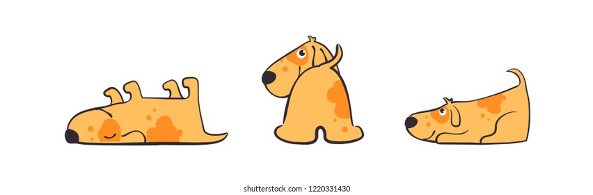 Set of illustrations of Playful puppy in various poses. Isolated Funny dog daily routine, cute little cur in his evereday activity colorful character