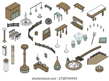A set of illustrations of playground equipment, facilities, and fixtures used in parks and outdoor facilities.
