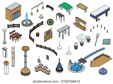 Um conjunto de ilustrações de equipamentos de playground, instalações e acessórios usados em parques e instalações ao ar livre.