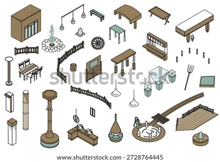 A set of illustrations of playground equipment, facilities, and fixtures used in parks and outdoor facilities.
