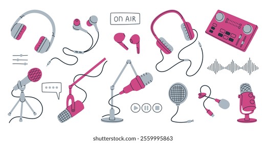 Set of illustrations of podcasting equipment, including microphones, headphones, and soundboards.