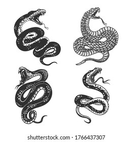 Set of illustrations of poisonous snake in engraving style. Design element for logo, label, sign, poster, t shirt. Vector illustration