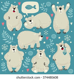 Set of illustrations with polar bears. Different poses