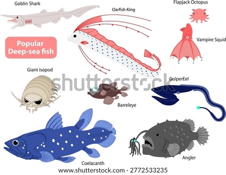 A set of illustrations of popular deep-sea fish without outlines.

Includes well-known species such as the flapjack octopus.