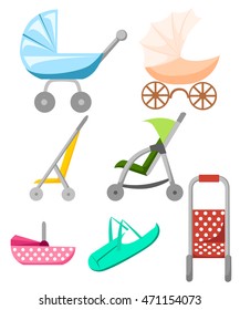 Set of illustrations with prams. Baby carriages nursery children day dream first days