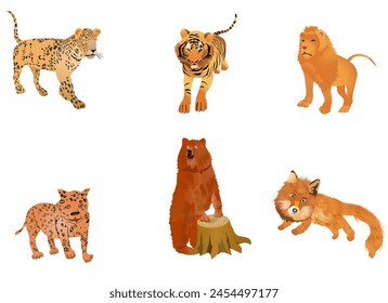 Set of illustrations with the pray animals Fox, Bear, Leopard, Lion, Tiger and Jaguar isolated on white background.