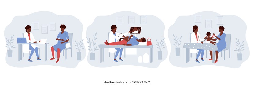 A set of illustrations with a pregnant African American woman visiting a doctor. The doctor conducts an ultrasound examination. Mom and baby visit a doctor. Flat vector illustration.