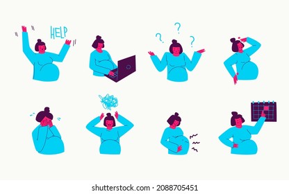 Set of illustrations of pregnant woman sad and annoyed. Problems associated with expecting a baby. Young mother asks for help, cries, is nervous. Vector cartoon drawings of purple, blue, pink purple.