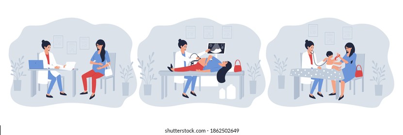 Set of illustrations with a pregnant woman visiting a doctor. The doctor performs an ultrasound examination of a pregnant patient. Mom and baby make a visit to the doctor. Flat vector illustration.