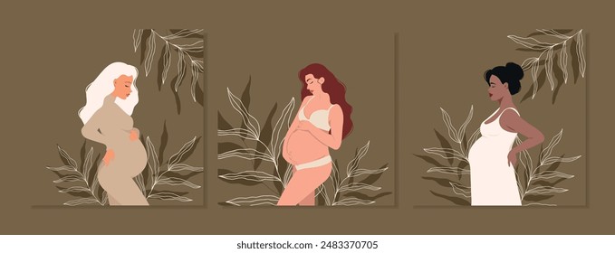 Set of illustrations of pregnant young girls in modern earthy colours of different nationalities and in different poses. Vector template