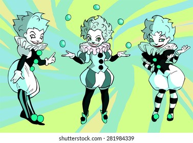 Set of illustrations of pretty clown lady in bright stage costume
