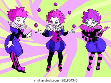 Set of illustrations of pretty clown lady in circus stage costume
