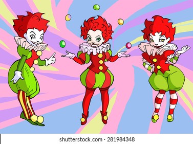 Set of illustrations of pretty clown lady in bright circus costume