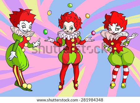 Set of illustrations of pretty clown lady in bright circus costume