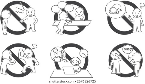 Um conjunto de ilustrações para evitar o abuso por parte do cliente. Material vetor de arte de linha de figura de vara simples que pode ser usado para cartazes e manuais na indústria de atendimento ao cliente.