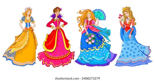 Set of illustrations with princesses in fashionable medieval dresses. Isolated drawings for children fairy tale book. Beautiful girls. Hand drawn vector image.
