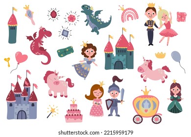 Set of illustrations with princesses, prince, knight, castles, unicorns, rainbows, dragons, carriage. Hand-drawn illustration. Vector.