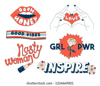 Set with illustrations for prints, t shirts and bags design. Love theme stickers and patches with slogans. Girl power. Nasty woman.Inspire. Honey. Good vibes. 