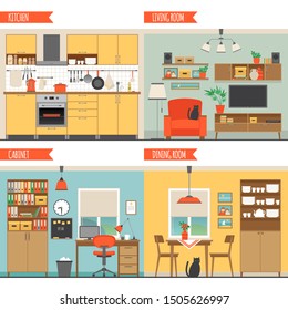 Set of illustrations with private apartments. Kitchen, dining room, living room and cabinet