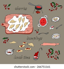 Set of illustrations of the process of cooking. Instruction in Picture. Cooking dumplings, Ukrainian national cuisine.