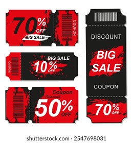 A set of illustrations for promoting coupons. Discount coupon, 50%, 70%, big sale, Vector drawing. Hand style. On a white background.