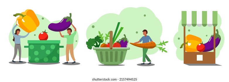 conjunto de ilustraciones de una alimentación saludable adecuada. Los Sims piden productos frescos de granja, reciben una gran cesta de verduras y preparan comidas saludables.