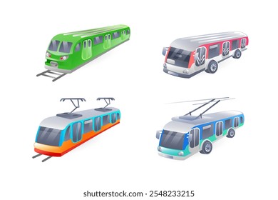 Set of illustrations of public passenger transport, bus, trolleybus, train, tram, realistic in 3D style.