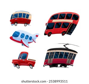 set of illustrations public transport van bus plane train subway tram