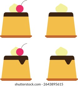 Set of illustrations of pudding icons with whipped cream