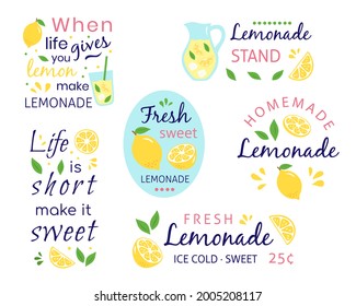 A set of illustrations with quotes about lemonade and lemon. Vector illustrations for labels and postcards in a hand-drawn style. Perfect for a sign or poster in a bar