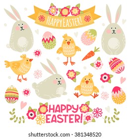 Set of illustrations with rabbits, chickens and eggs. Happy Easter!