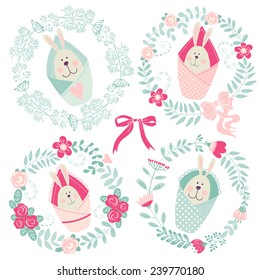Set of illustrations with rabbits and frames. Newborns