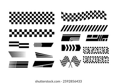 set of illustrations for racing stripe banners, racing stripe vector set, race car vector, checkered flag designs, racing stripe speed, decal patterns, dynamic lines
