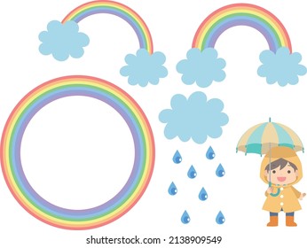 Set of illustrations of a rainbow and a boy in a raincoat