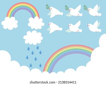 Set of illustrations of rainbow and pigeons
