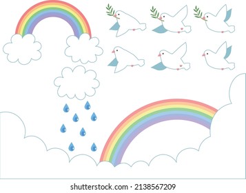 Set of illustrations of rainbow and pigeons