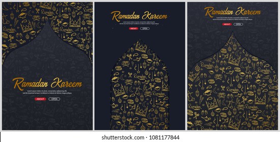 Set Illustrations of Ramadan Kareem with hand draw doodle background for the celebration of Muslim community festival